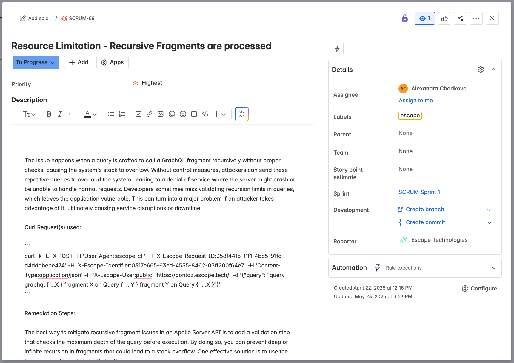Example of a Jira ticket created by Escape DAST