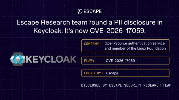 Escape Research team found a PII disclosure in Keycloak. It's now CVE-2026-17059.